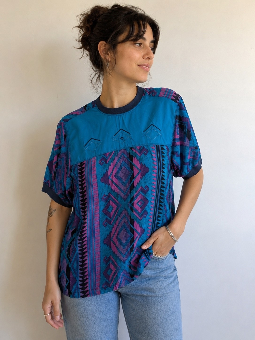 Vintage Diane Gilman Silk Tribal Tunic Top Medium 90s Boho Washable